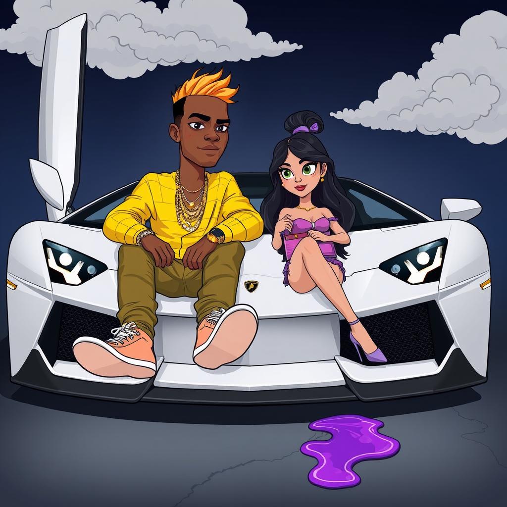 A cartoon-style urban scene featuring a young couple sitting in a Lamborghini