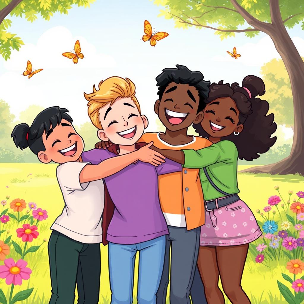 An animated illustration depicting a warm and cheerful scene where a group of friends are embracing each other in a joyful hug