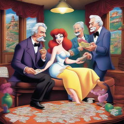 An imagined scene where Mark Twain, Jules Verne, Agatha Christie, and the cartoon character Jessica Rabbit are collaboratively assembling pieces of a challenging jigsaw puzzle.