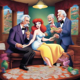 An imagined scene where Mark Twain, Jules Verne, Agatha Christie, and the cartoon character Jessica Rabbit are collaboratively assembling pieces of a challenging jigsaw puzzle.