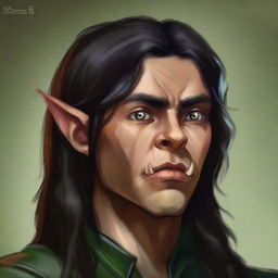 This is a high-resolution digital art image, showcasing a young half-elf with long, dark hair that covers his pointed ears - a signature of his mixed heritage