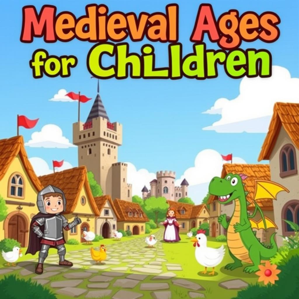 A whimsical and colorful book cover designed for children titled 'Medieval Ages for Children'