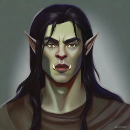 This is a high-resolution digital art image, showcasing a young half-elf with long, dark hair that covers his pointed ears - a signature of his mixed heritage