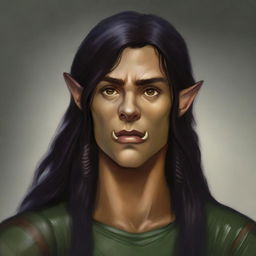 This is a high-resolution digital art image, showcasing a young half-elf with long, dark hair that covers his pointed ears - a signature of his mixed heritage