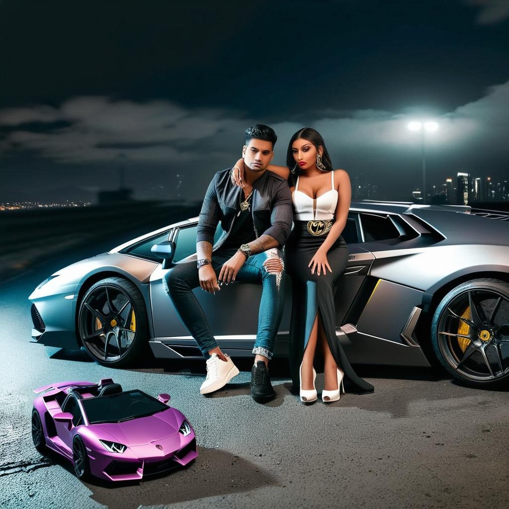 Crear Una Imagen Tipo Estudio Urbano, Con Pareja Sentada En Un Carro Lamborghini En La Parte De Adelante Y Tenga De Fondo La Noche Oscura Y Un Poco Nublado El Chico Tendra Prendas De Oros y Ropa De Marca Y LA Chica Carterita De Mano Y Vestido Corto  Con Tacones Y A Un Lado o En El Piso Se Estara Derramando Un Jarabe Morado