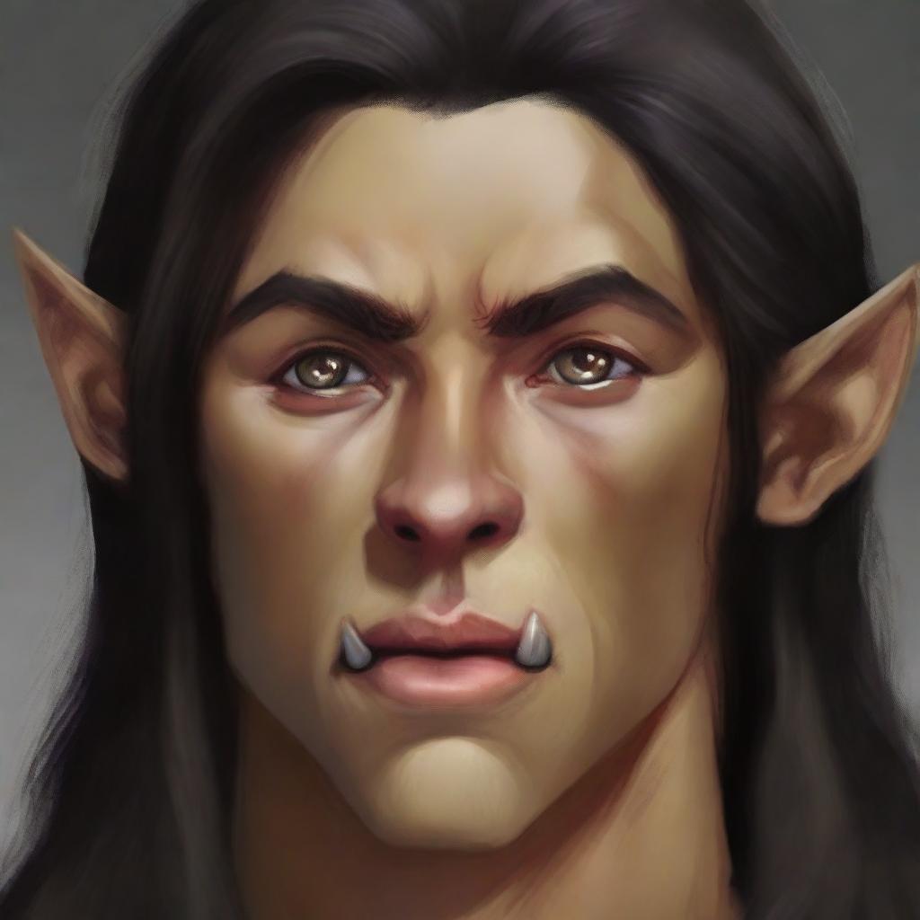 This is a high-resolution digital art image, showcasing a young half-elf with long, dark hair that covers his pointed ears - a signature of his mixed heritage