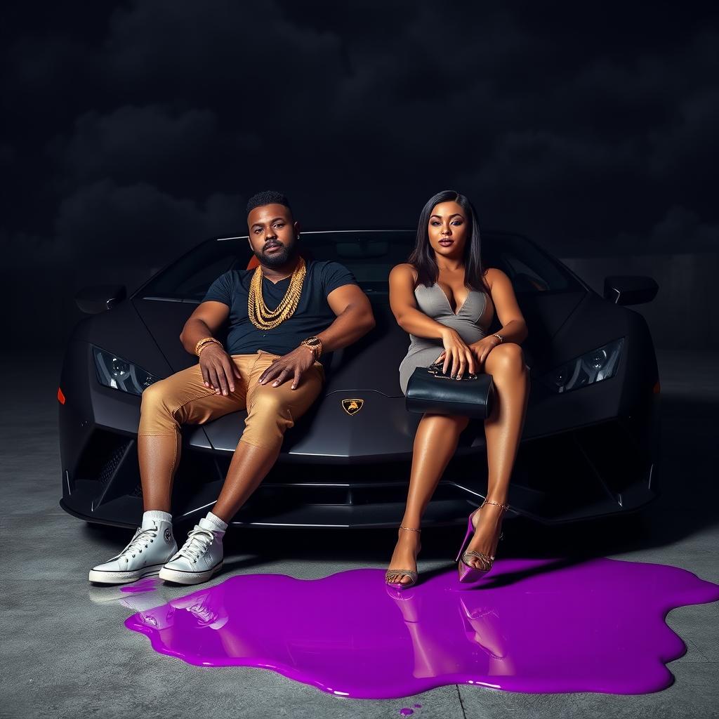A stylish urban studio scene featuring a couple sitting in the front of a sleek Lamborghini