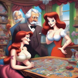 An imagined scene where Mark Twain, Jules Verne, Agatha Christie, and the cartoon character Jessica Rabbit are collaboratively assembling pieces of a challenging jigsaw puzzle.