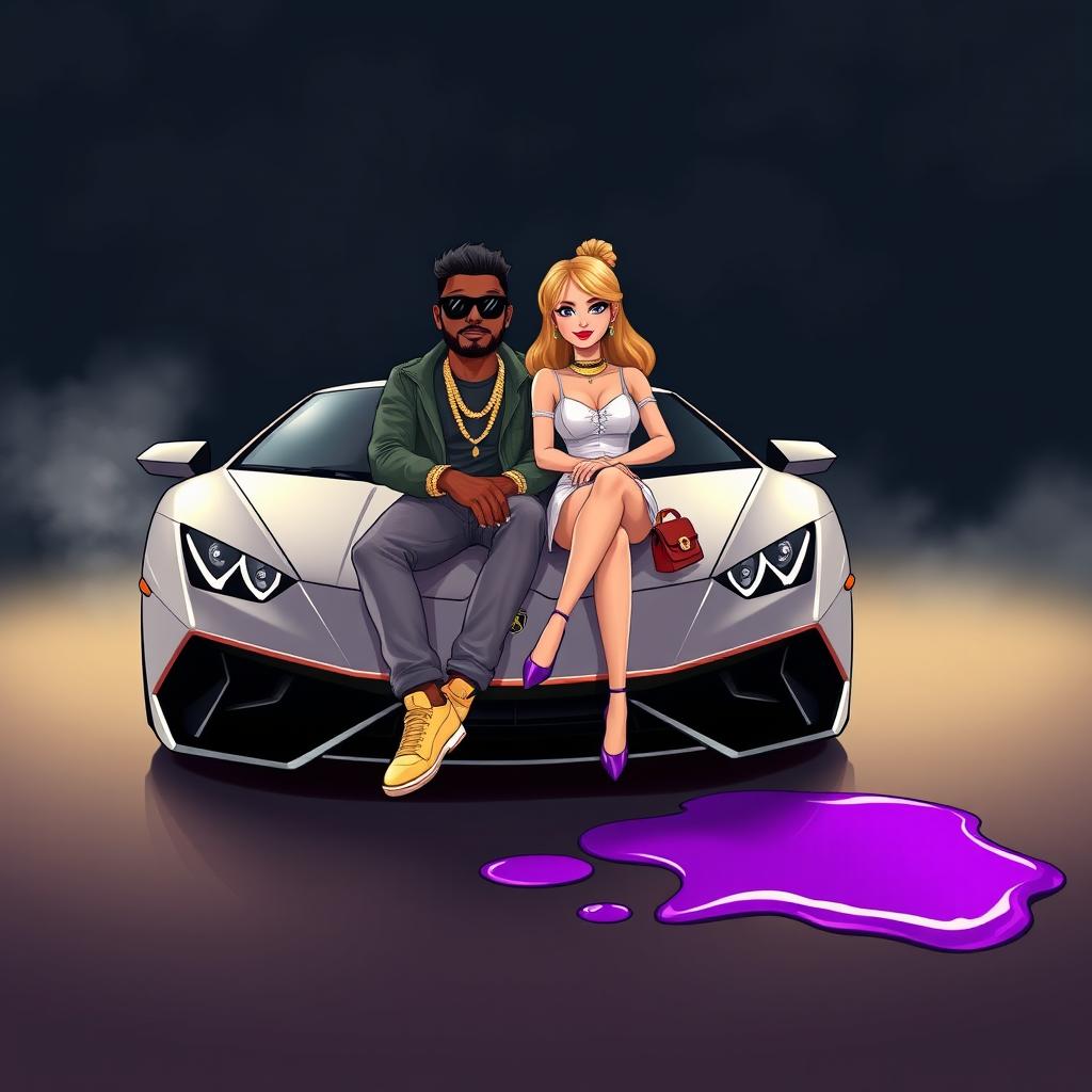 A cartoon-style urban studio scene featuring a couple sitting in the front of a sleek Lamborghini
