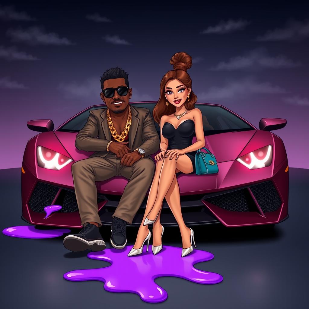 A cartoon-style urban studio scene featuring a couple sitting in the front of a sleek Lamborghini