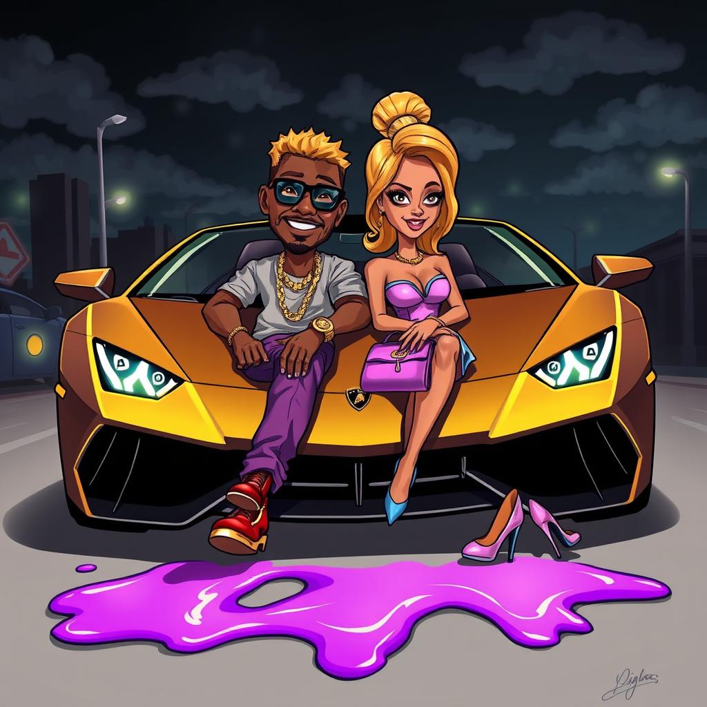 A vibrant urban cartoon scene featuring a couple seated in the front of a stylish Lamborghini