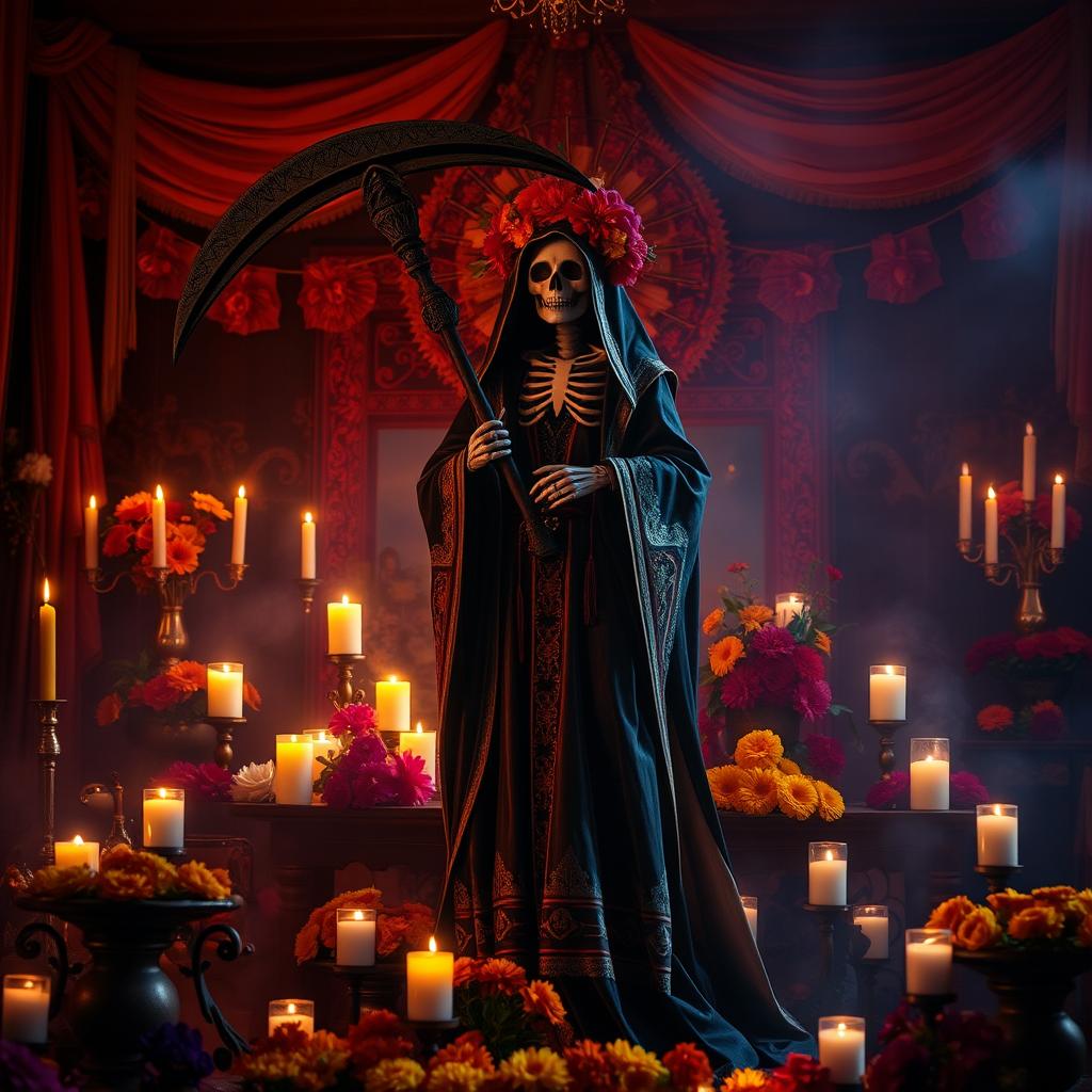 A serene and mystical scene featuring La Santa Muerte, dressed in her iconic long robe, holding a skeleton scythe, adorned with colorful flowers and candles around her