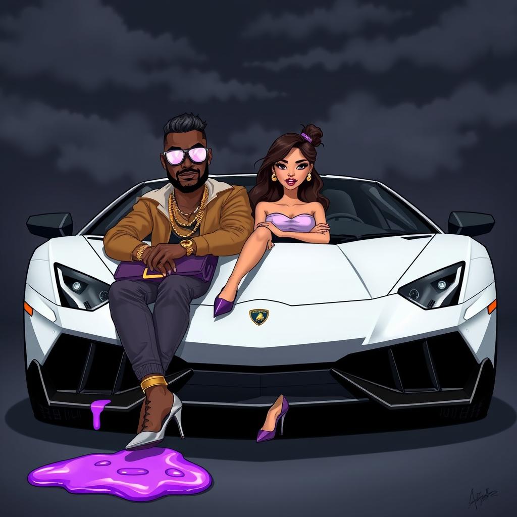 A cartoon-style urban studio scene featuring a couple seated in the front of a stylish Lamborghini
