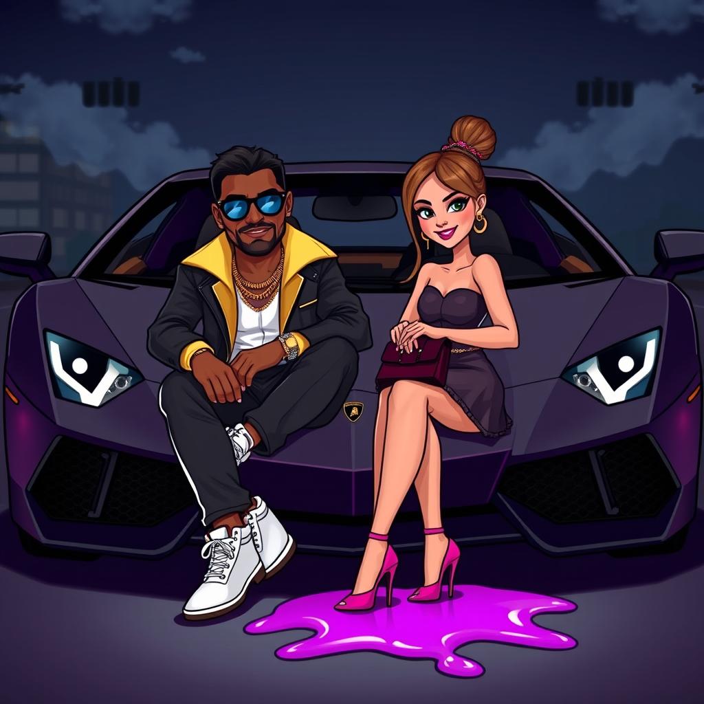 A cartoon-style urban studio scene featuring a couple seated in the front of a luxurious Lamborghini