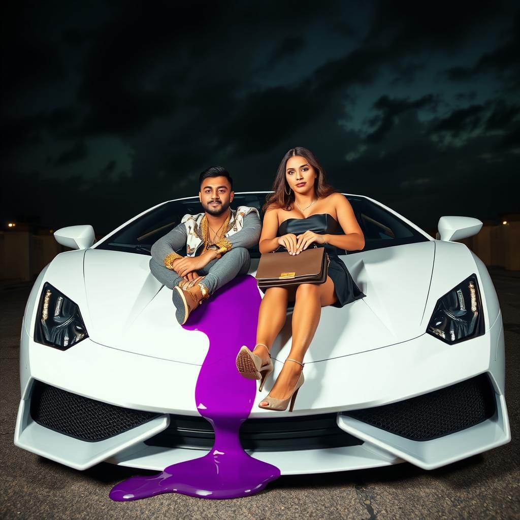 A stylish urban studio scene featuring a couple sitting in the front of a sleek Lamborghini
