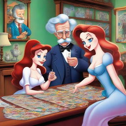 An imagined scene where Mark Twain, Jules Verne, Agatha Christie, and the cartoon character Jessica Rabbit are collaboratively assembling pieces of a challenging jigsaw puzzle.