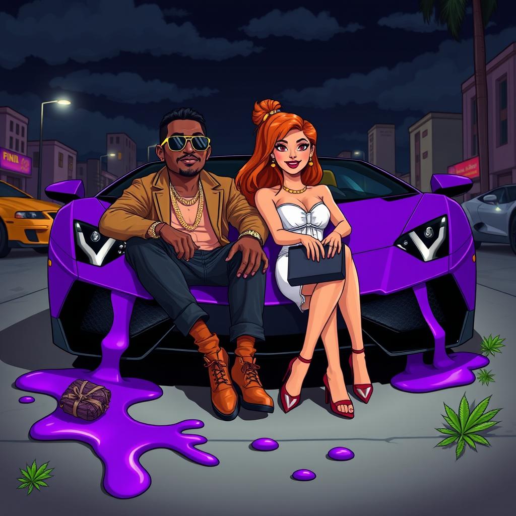 A vibrant cartoon-style urban scene featuring a couple sitting in the front of a luxurious Lamborghini