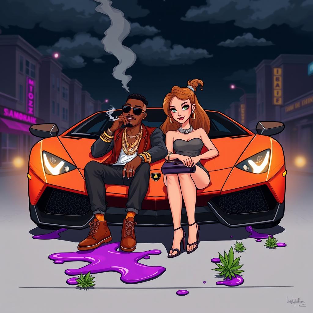 A cartoon-style urban studio scene featuring a couple seated in the front of a luxurious Lamborghini