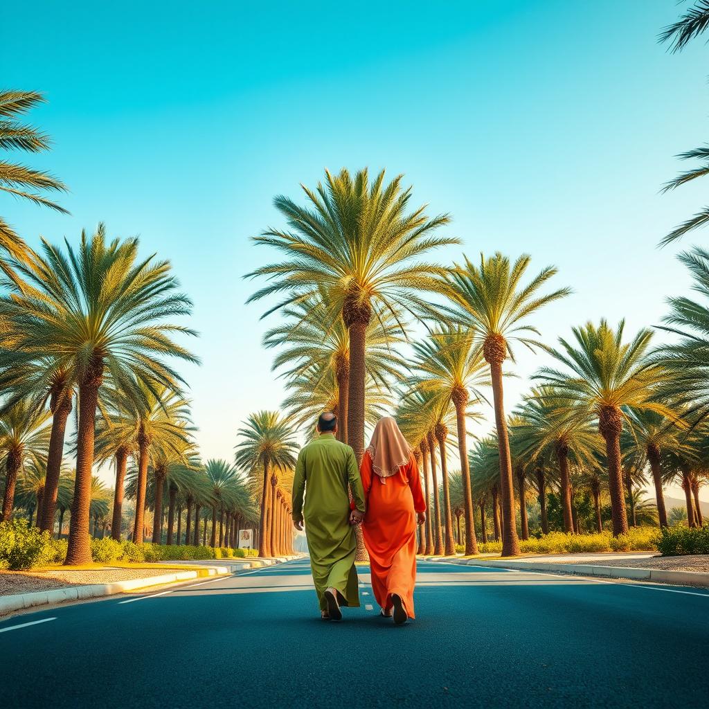 A serene view of a road lined with towering phoenix dactylifera palm trees, under a clear blue sky, featuring an Arabian couple walking hand in hand between the trees