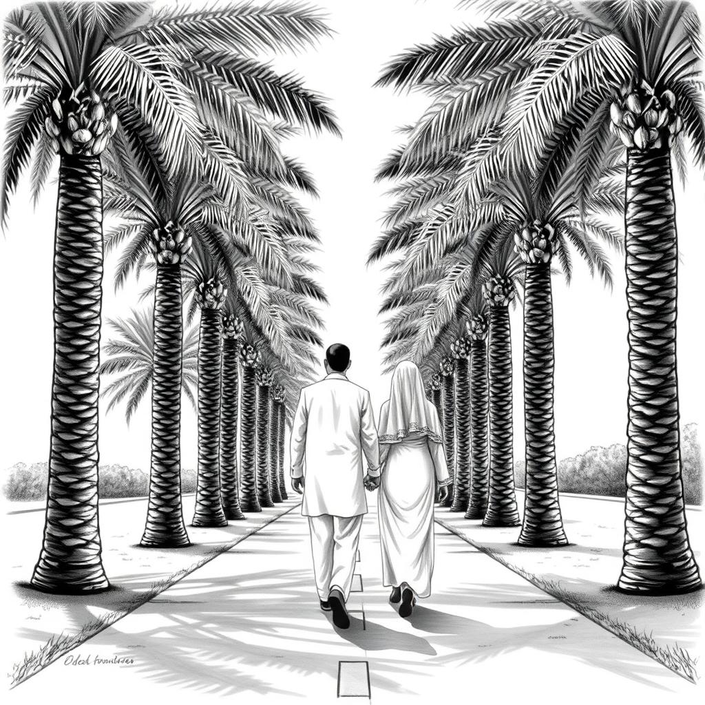 A beautiful black and white drawing depicting a romantic scene with an Arabian couple walking hand in hand along a path lined with date palm trees (Phoenix dactylifera)