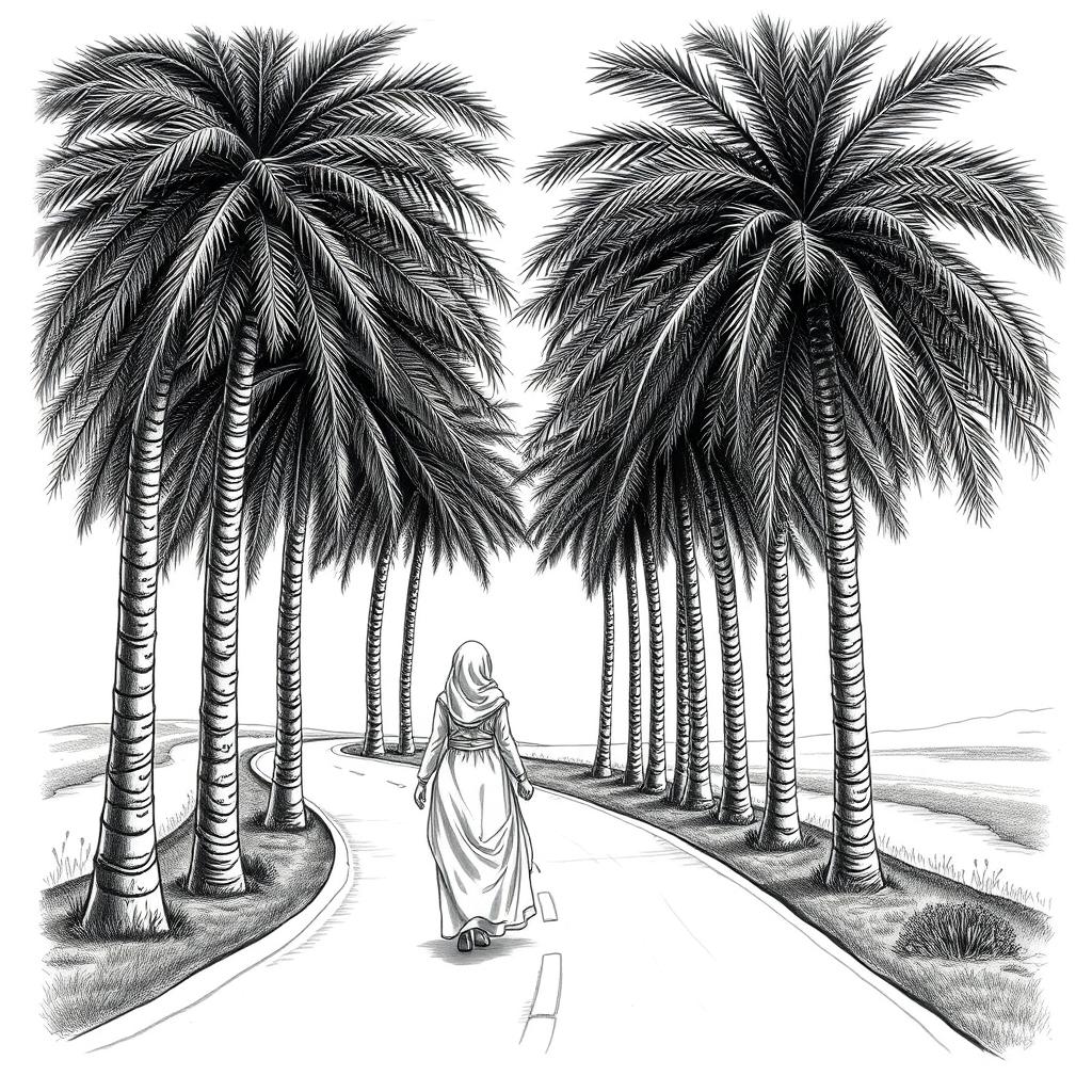 A scenic S-shaped road lined with tall phoenix dactylifera palm trees, depicting an Arabian couple walking hand in hand, both dressed in traditional elegant attire