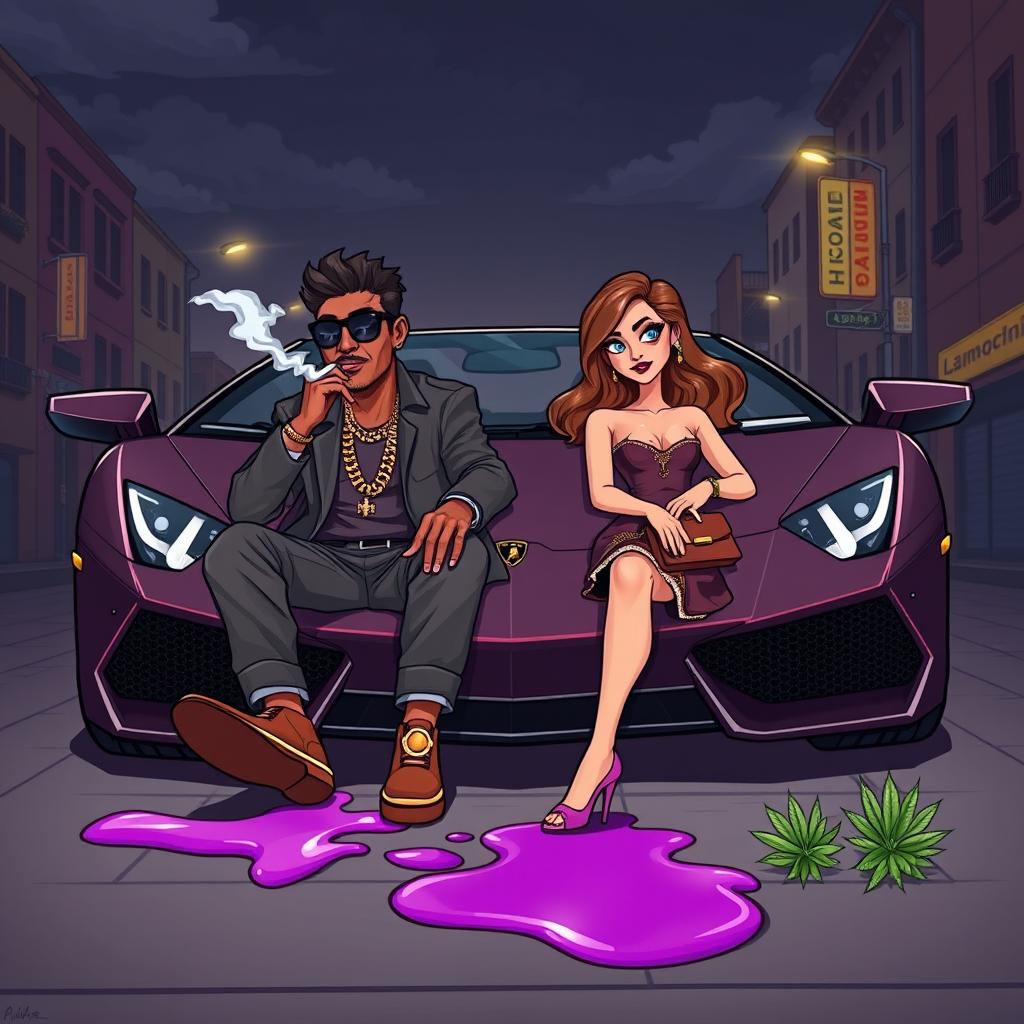 A vibrant cartoon-style urban scene featuring a couple seated in the front of a luxurious Lamborghini
