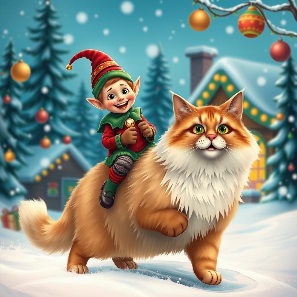 A whimsical Christmas scene featuring a joyful elf riding on a fluffy, playful cat