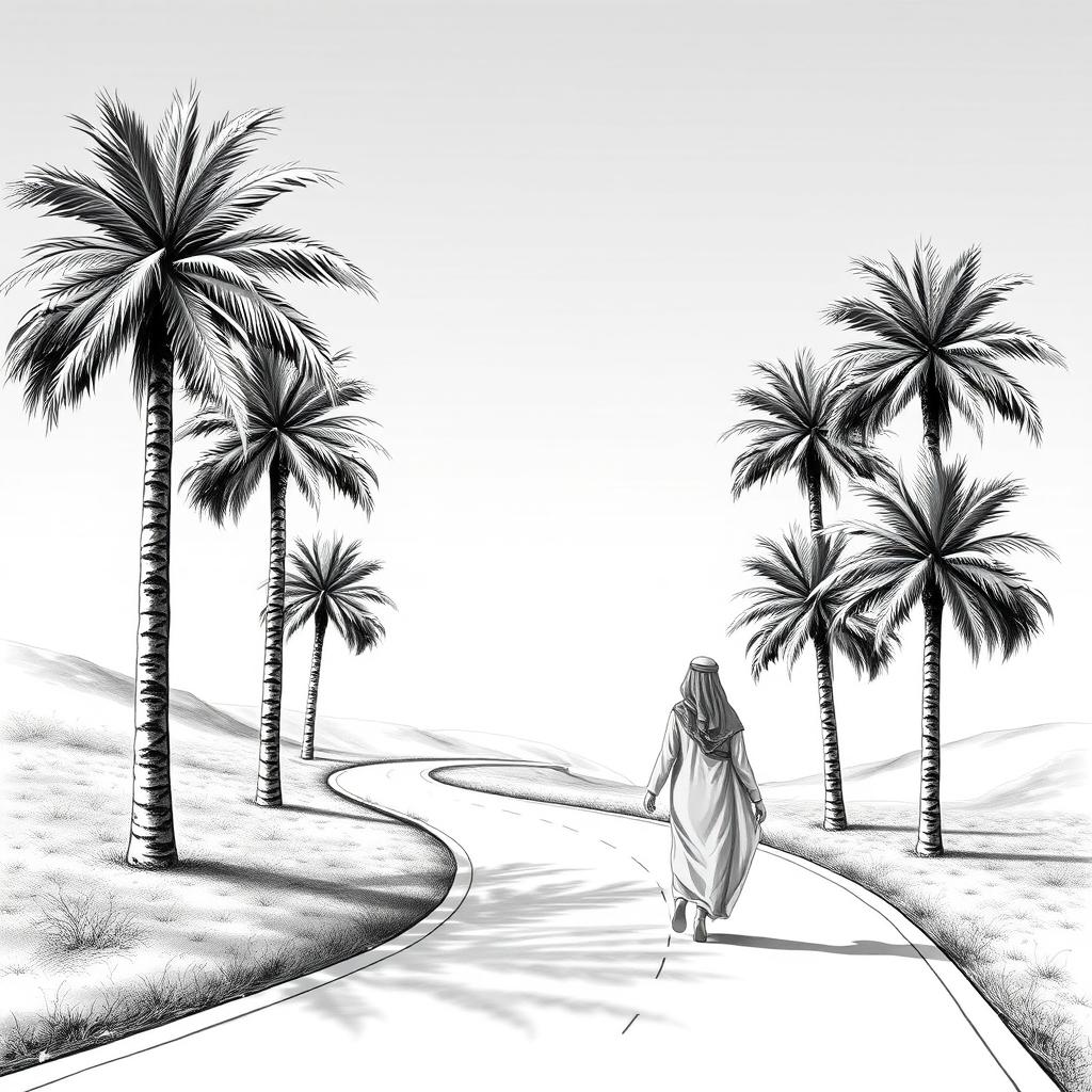 A black and white drawing of a serene S-shaped road lined with towering phoenix dactylifera palm trees