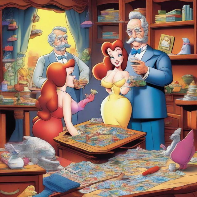 An imagined scene where Mark Twain, Jules Verne, Agatha Christie, and the cartoon character Jessica Rabbit are collaboratively assembling pieces of a challenging jigsaw puzzle.