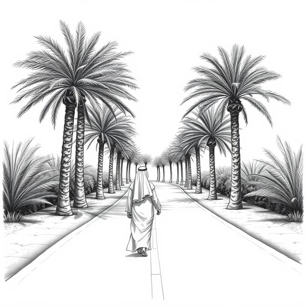 A beautiful black and white drawing of an S-shaped road lined with lush phoenix dactylifera palm trees