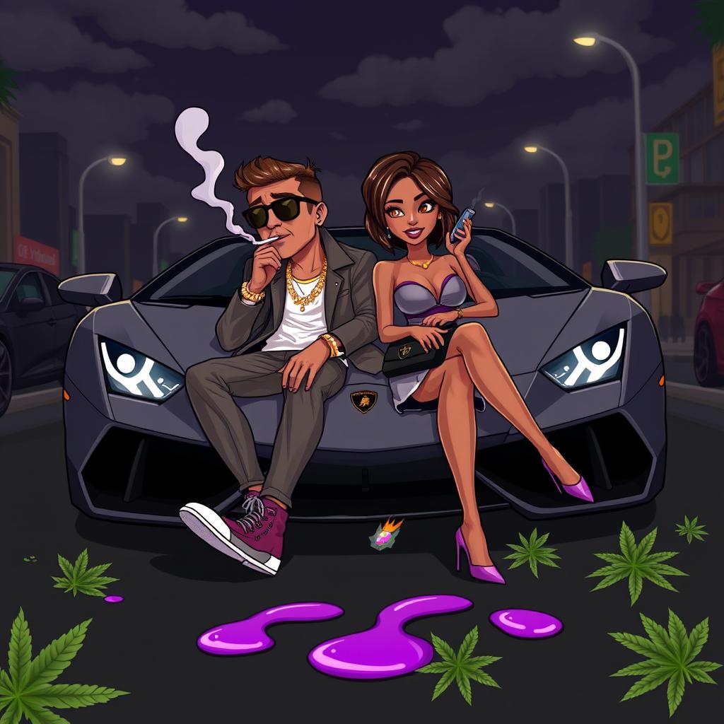 A lively cartoon-style urban scene featuring a couple sitting in the front of a luxurious Lamborghini