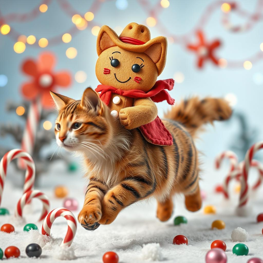 A delightful and humorous scene featuring a gingerbread cookie dressed as a cowboy riding on a fluffy, playful cat