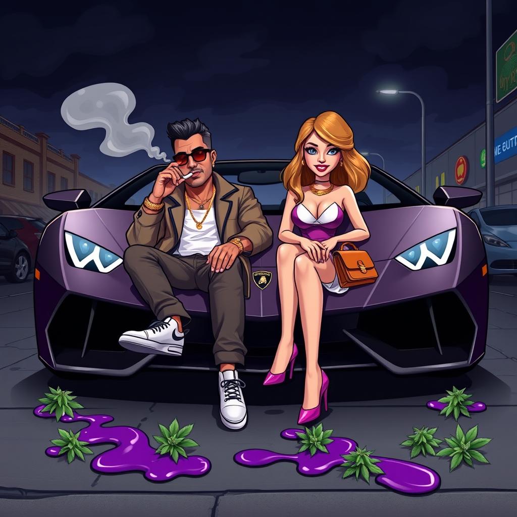 A vibrant cartoon-style urban scene featuring a couple seated in the front of a luxurious Lamborghini
