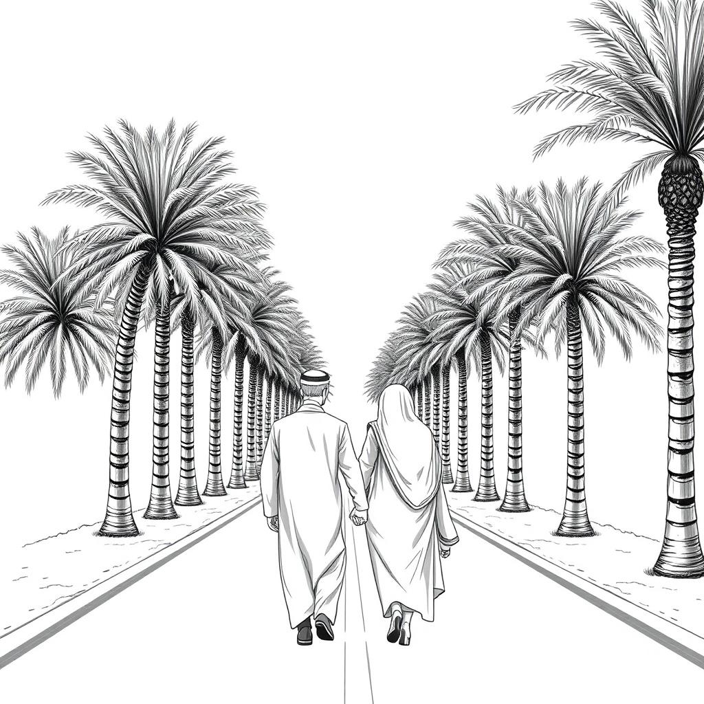 A picturesque scene featuring an S-shaped road lined with tall, graceful phoenix dactylifera (date palm) trees