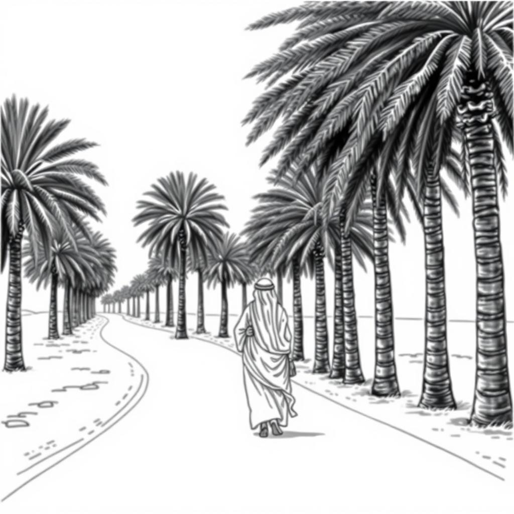 A black and white drawing of an S-shaped road lined with tall, elegant Phoenix dactylifera date palms