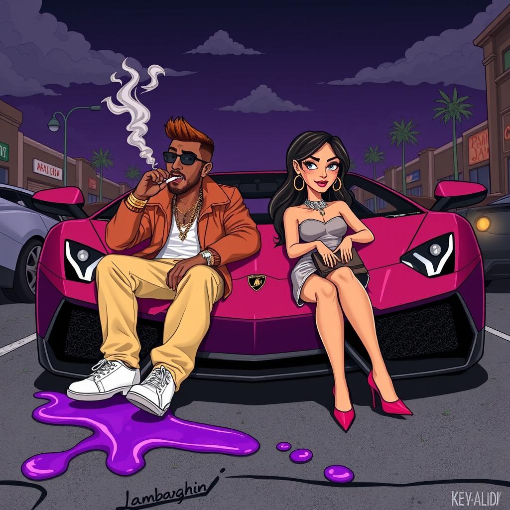 A dynamic cartoon-style urban scene featuring a couple seated in the front of a luxurious Lamborghini, with a dark and slightly cloudy night sky in the background
