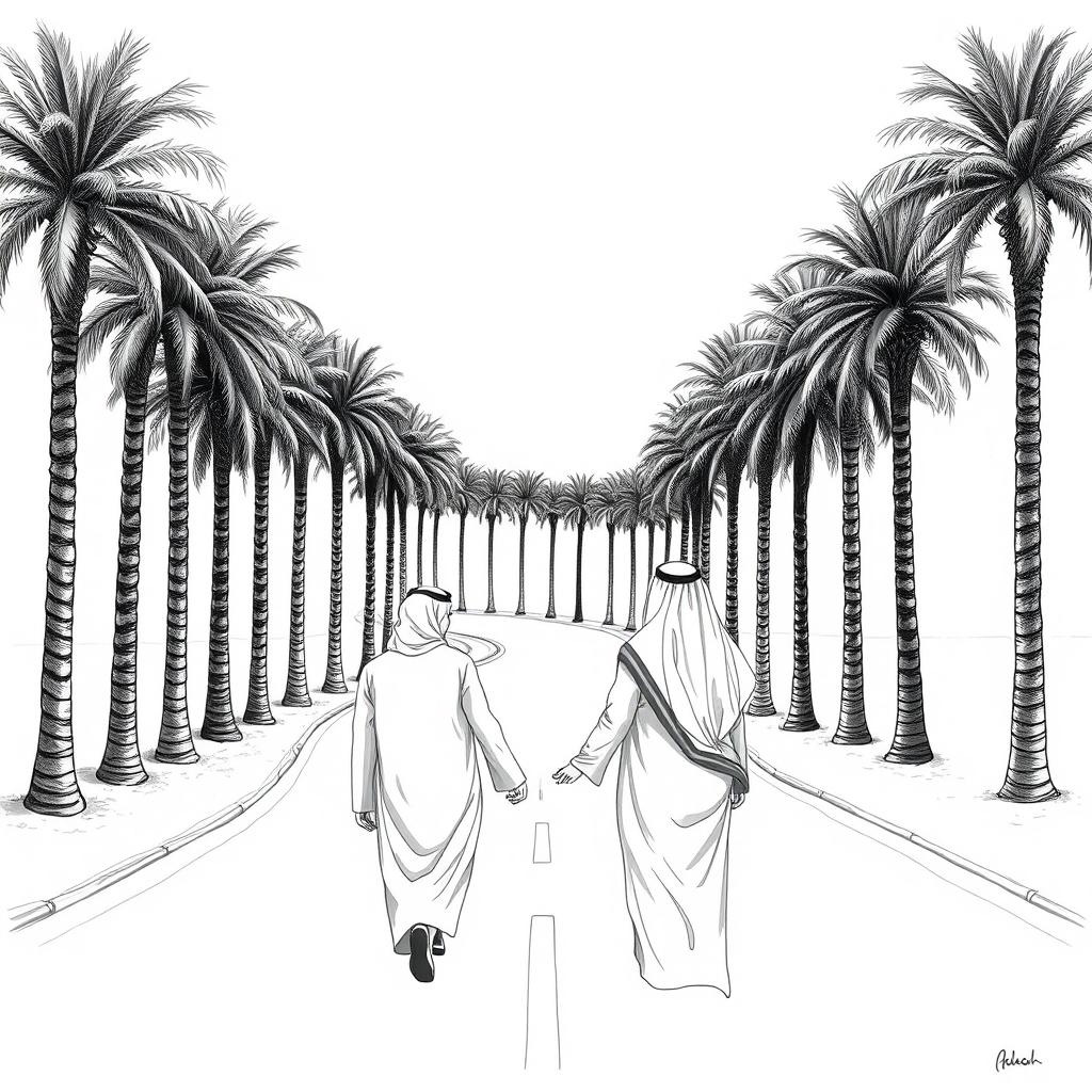 A black and white drawing depicting an S-shaped road lined with tall phoenix dactylifera palms
