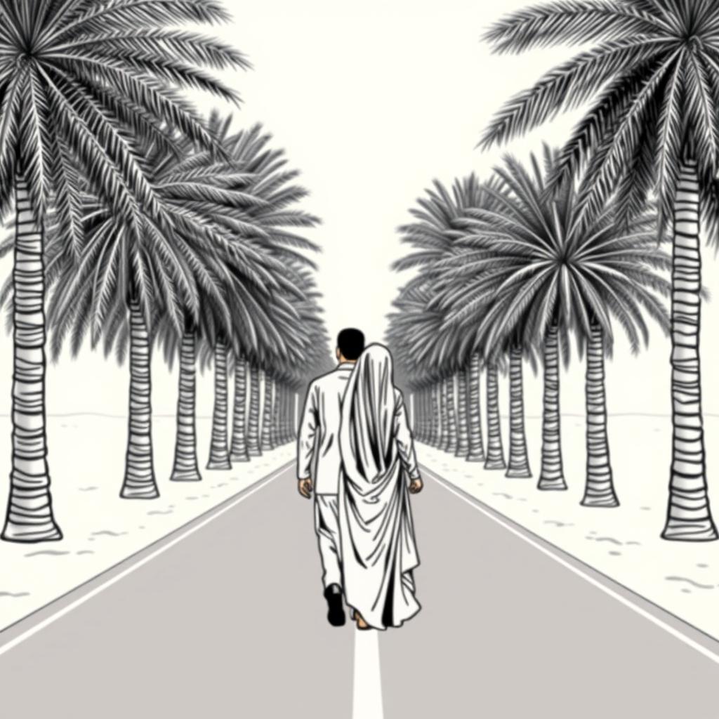An S-shaped road lined with towering date palm trees (Phoenix dactylifera) creating an exotic and romantic atmosphere