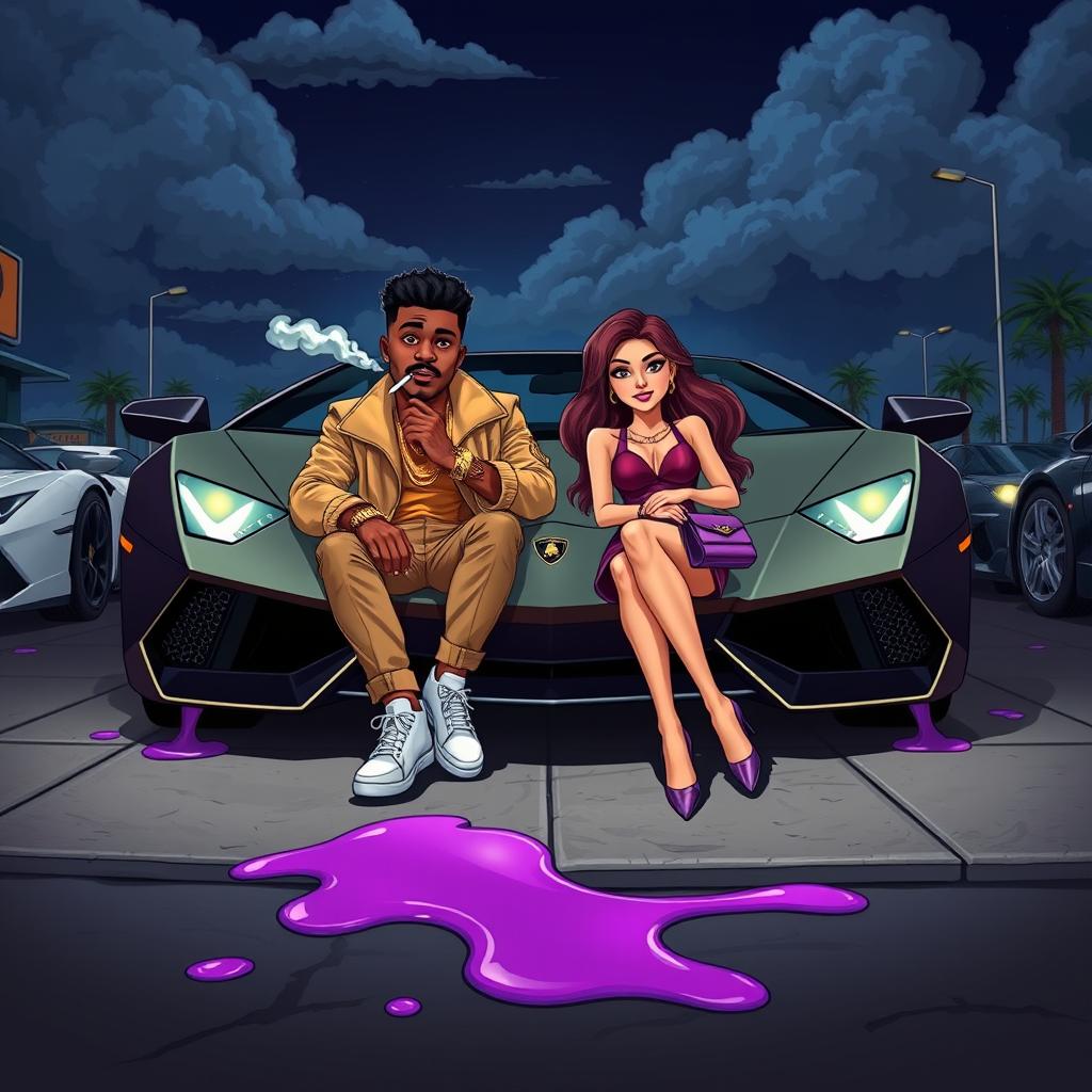 A vibrant cartoon-style urban scene featuring a couple seated in the front of a luxurious Lamborghini, with a dramatic dark and slightly cloudy night sky in the background
