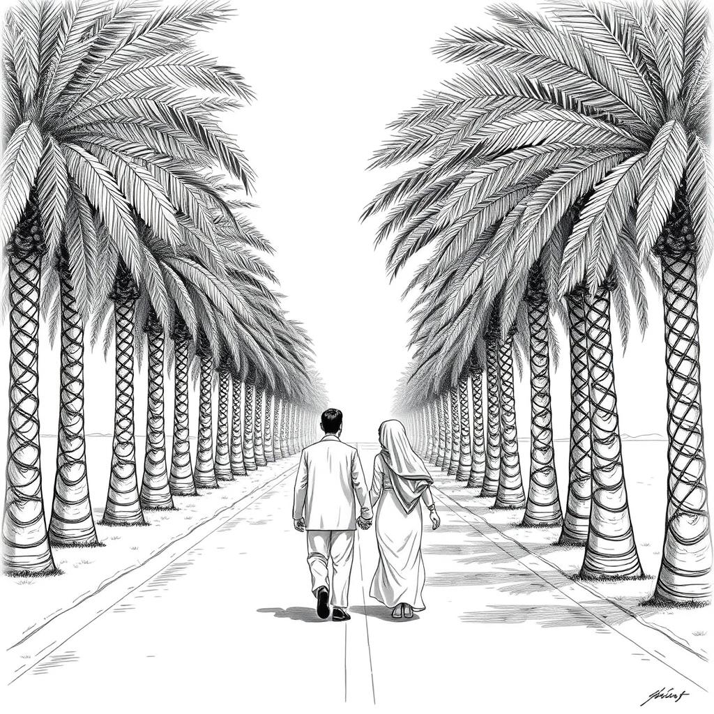 A black and white drawing of an S-shaped road lined with date palms (Phoenix dactylifera) on both sides