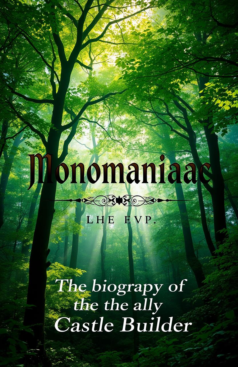 A lush, enchanting forest background, filled with vibrant green trees and dappled sunlight filtering through the leaves