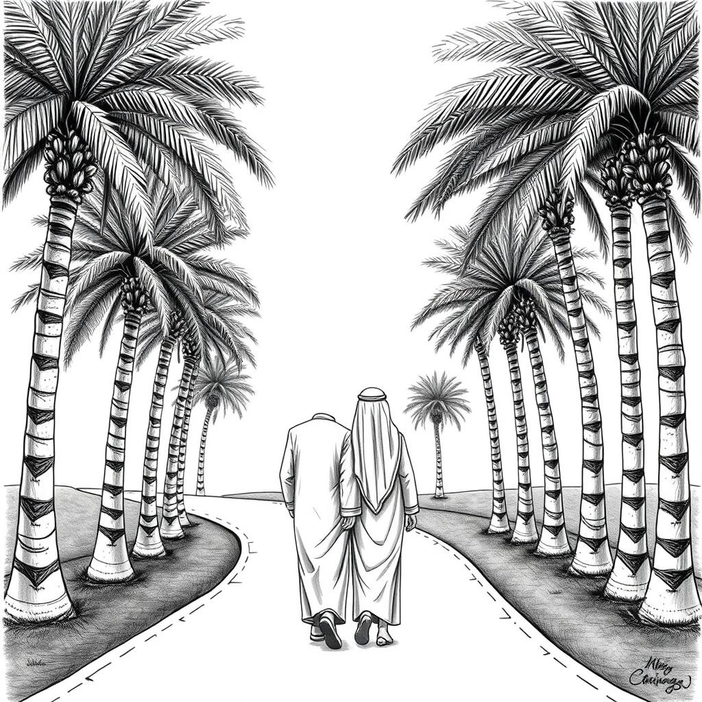 A black and white drawing featuring an S-shaped road lined with towering phoenix dactylifera palm trees
