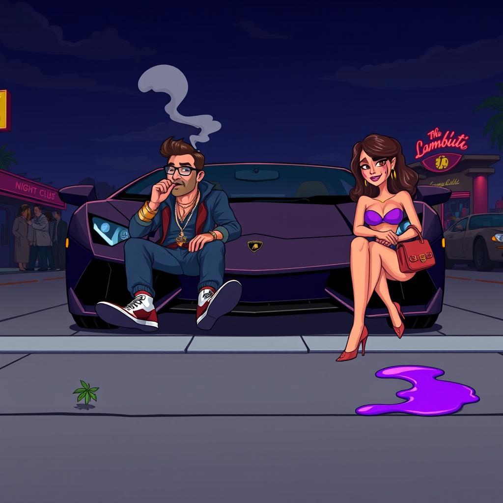 A lively cartoon-style urban scene featuring a couple sitting in the front of a luxurious Lamborghini, positioned near a nightclub