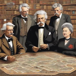 In an imagined gathering, literary figures Mark Twain, Jules Verne, Agatha Christie, and Jules Maigret are collectively engaged in assembling pieces of a complex jigsaw puzzle.