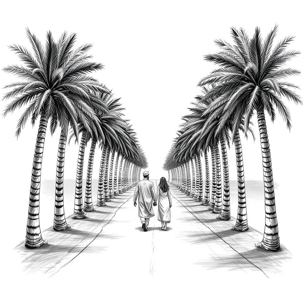 An artistic black and white drawing featuring an S-shaped road lined with date palm trees (Phoenix dactylifera) on both sides
