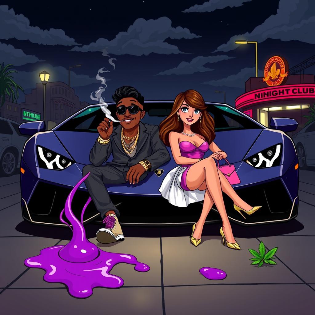 A lively cartoon-style urban scene featuring a couple seated in the front of a luxurious Lamborghini, set against a dark, slightly cloudy night sky