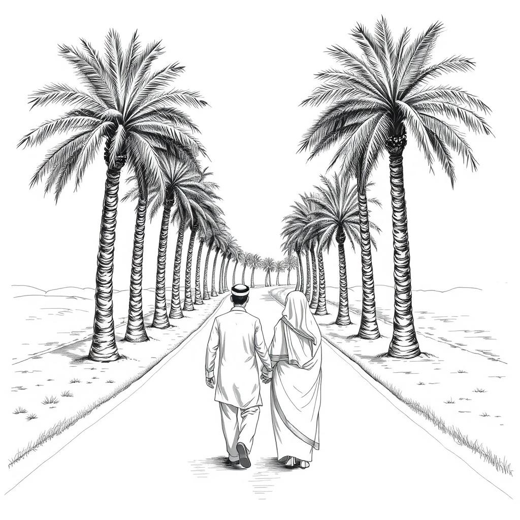 A black and white drawing of an S-shaped road lined with date palms (Phoenix dactylifera)