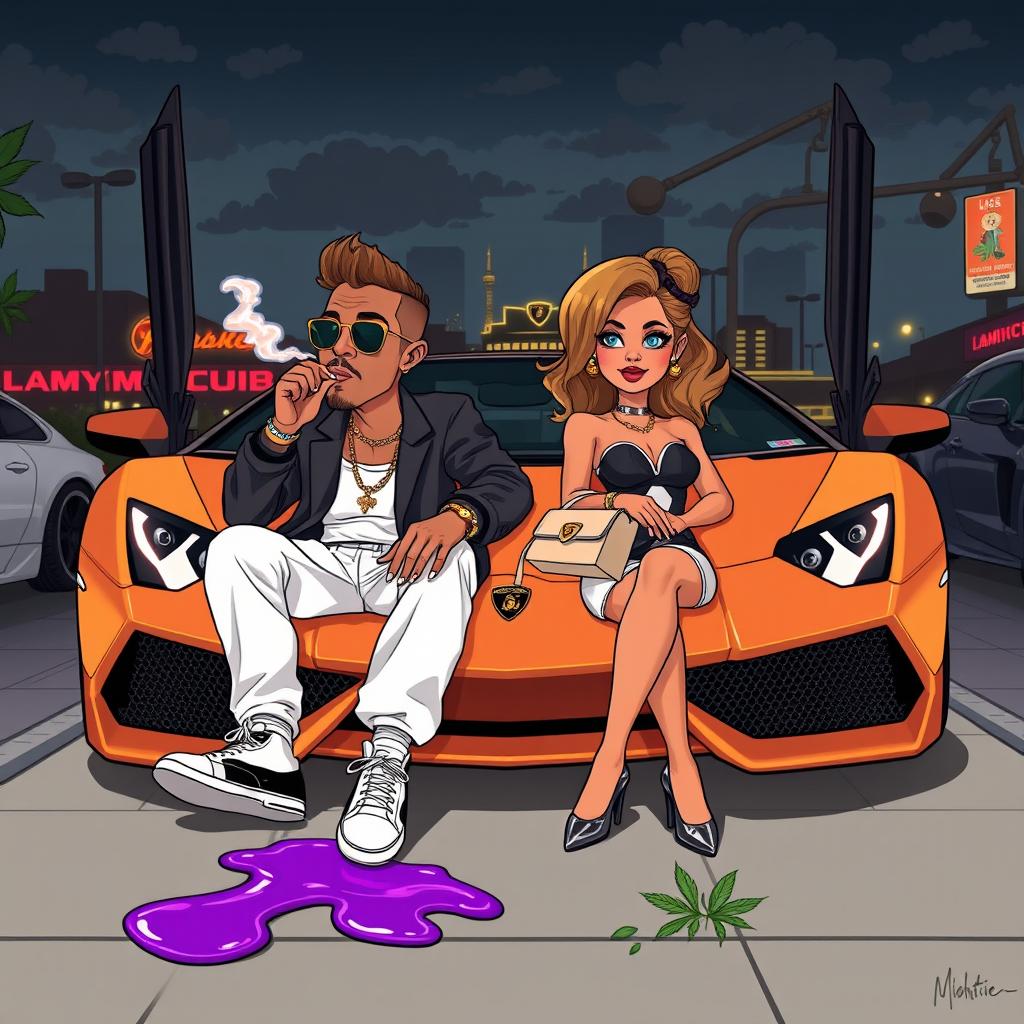 A dynamic cartoon-style urban scene featuring a couple seated in the front of a luxurious Lamborghini, set against a backdrop of a dark and slightly cloudy night sky