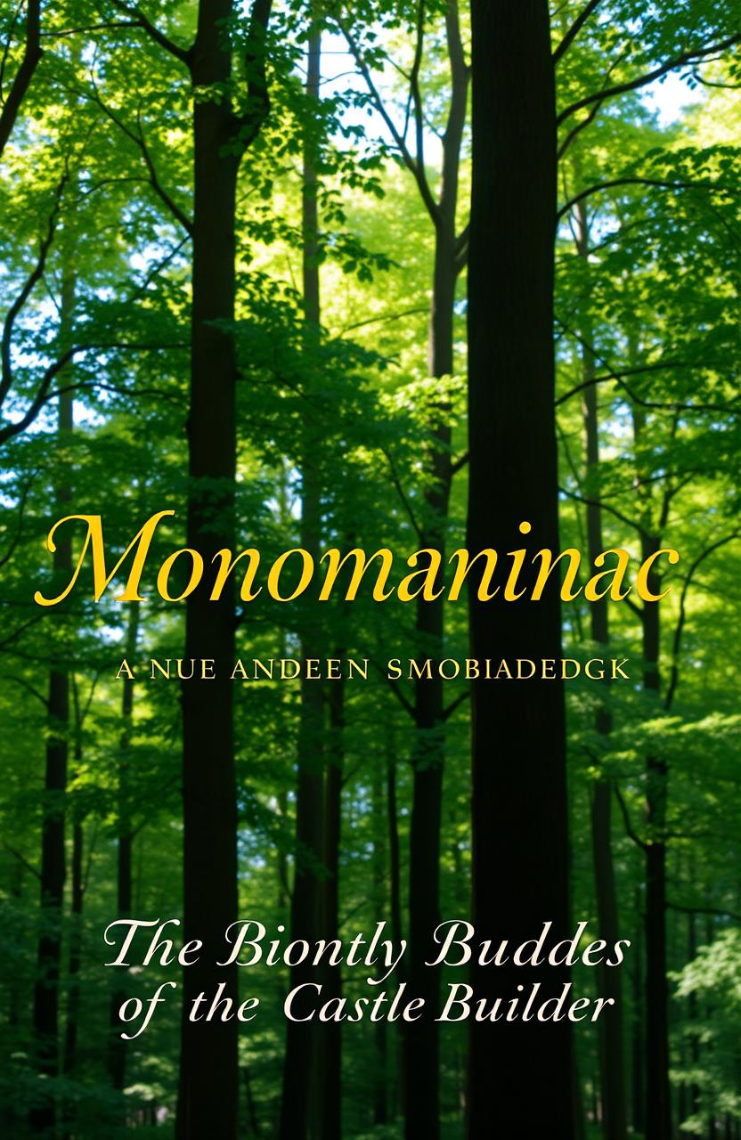 A serene forest background, vibrant and lush, featuring tall trees and dappled sunlight filtering through the leaves