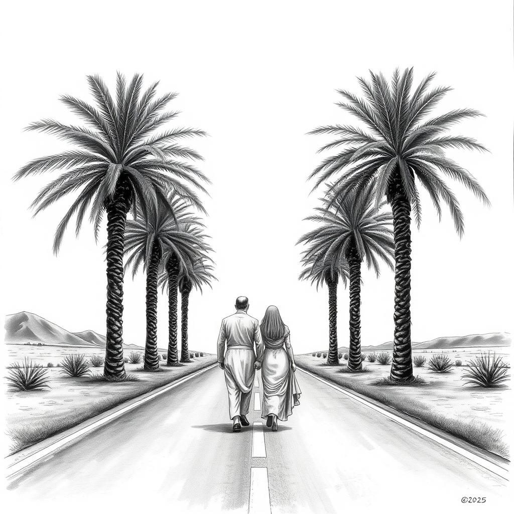 A black and white drawing depicting an S-shaped road lined with majestic phoenix dactylifera (date palm) trees